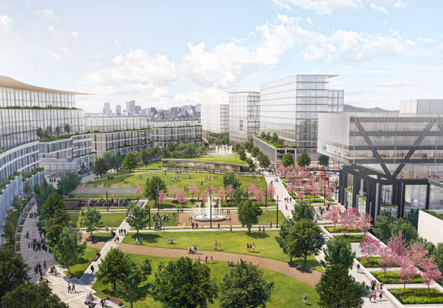 Rendered view of Fox Park project, showcasing Virgin Hotels’ upcoming urban development with sleek design and green space.