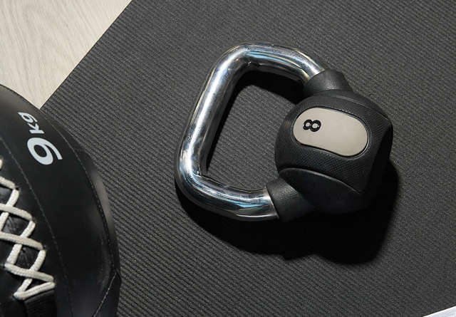 Dumbells in Virgin Hotels' gym.