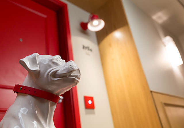 Dog statue outside an iconic red chamber door at Virgin Hotels.