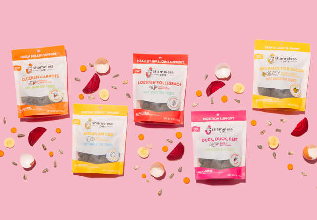 Edited graphic of a variety of Shameless Pets meaty soft biscuits for your furry friends at Virgin Hotels.